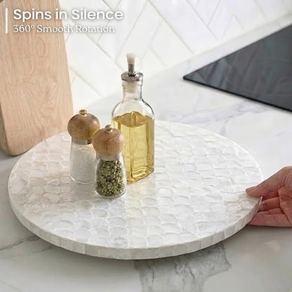 CHI AN HOME 12 Inch Capiz Lazy Susan, Decorative Lazy Susan Turntable Centerpiece for Dining Table, Kitchen Counter, Round Mother of Pearl Capiz Shells Spinning Tray for Countertop & Tabletop (White)