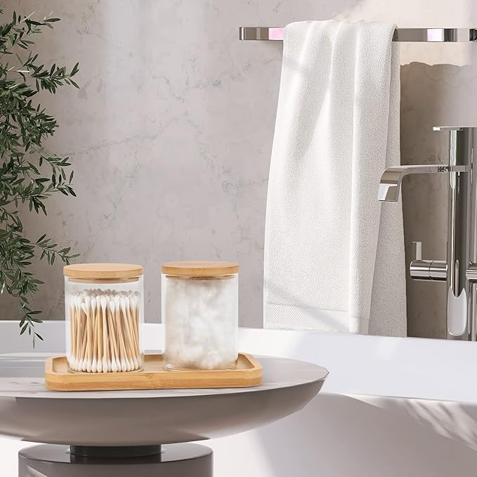 BKYFPQ Bamboo Vanity Tray, Bathroom Tray Organizer Glass Qtip Holder Dispenser Apothecary Jars for Cotton Swabs Balls, Round Pad, Perfume Candles, Cosmetics and Jewelry Storage Organizer