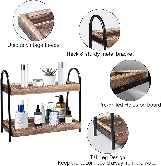 BDBDYEAY Bathroom Countertop Organizer, 2 Tier Vanity Organizer and Storage for Cosmetic Skincare Perfume, Wood Bead Storage Shelf for Bathroom Kitchen Coffee Station