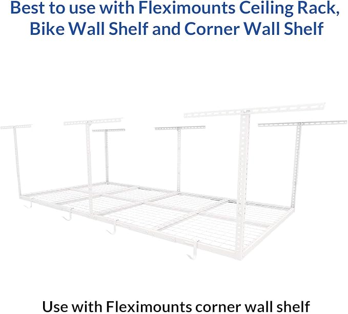 FLEXIMOUNTS 4 Pack Add On Storage Rail Hook Accessory for Ceiling Rack and Wall Shelving, Max Weight Capacity up to 50lbs, White