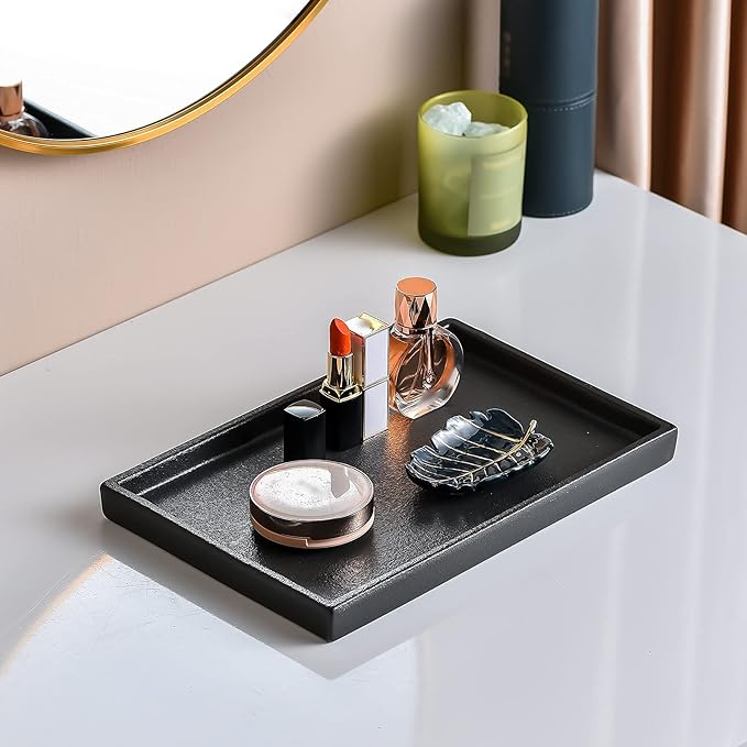Ceramic Bathroom Sink Tray, Black Graininess Vanity Tray Decor Perfume Trays for Dresser Holder for Jewelry Candle Soap Plant Towel Cosmetic Organizer Rectangle Large