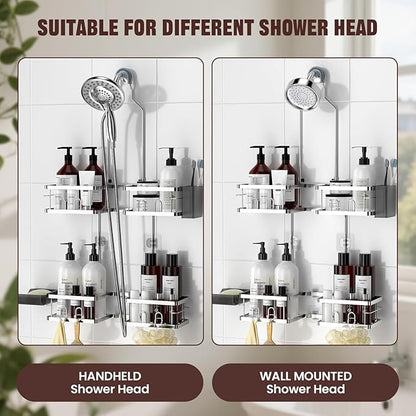 REINHARDT Adjustable Shower Caddy Hanging Rustproof Shower Caddy for Handheld Showerheads, Shower Organizer with Hooks Soap Holder, Anti-Swing Shower Rack Bathroom Accessories, Silver