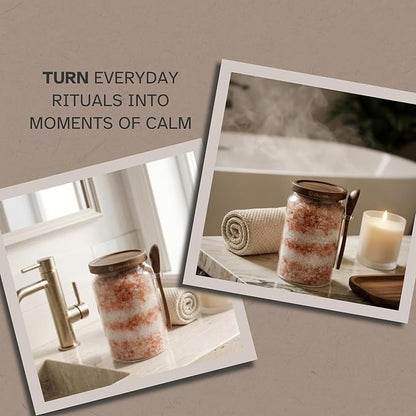 Large Bath Salt Container with Scoop | 74 oz Bath Salt Jar with Lid & Scoop | Airtight Glass Canister, Premium Dark Acacia Lid, Bathroom Storage, Sugar & Coffee Canister, Home Storage