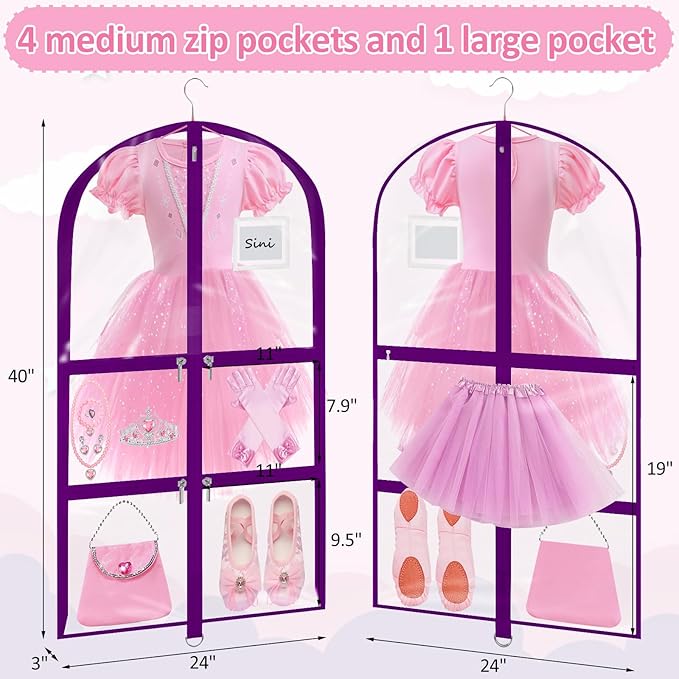 Garment Bags for Dance Costumes - 40 Inch Clear PVC with 5 Zipper Pockets (3 Pack) - Kids Dance Garment Bag for Dancers, Hanging Clothes Storage, Competitions & Travel (‎Clear Purple)