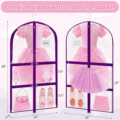 Garment Bags for Dance Costumes - 40 Inch Clear PVC with 5 Zipper Pockets (3 Pack) - Kids Dance Garment Bag for Dancers, Hanging Clothes Storage, Competitions & Travel (‎Clear Purple)
