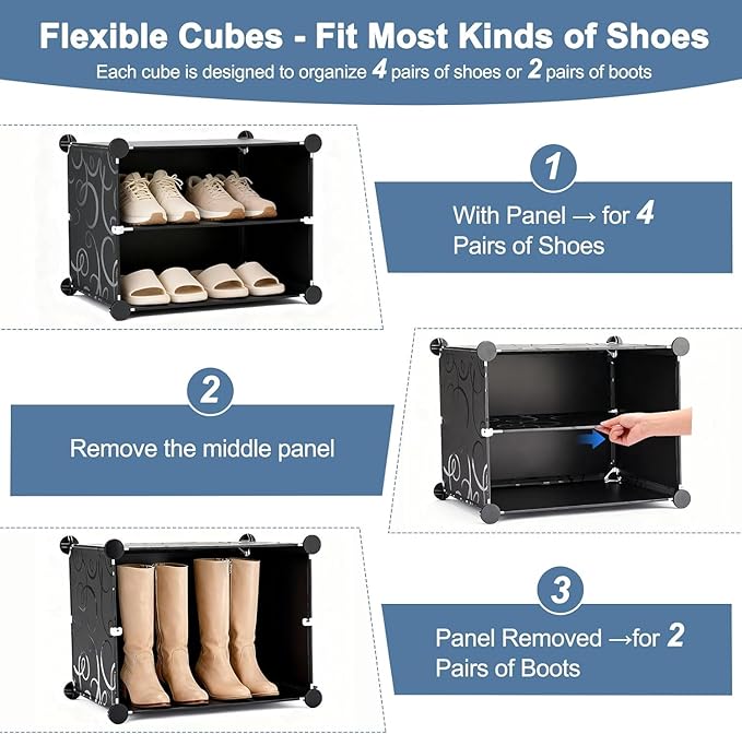 Simple Deluxe 6-Tier Shoe Rack Organizer with Doors, Stackable Shoe Storage Cabinet for Entryway Closet, Plastic Shoe Shelf with Metal Frame, Holds up to 24 Pairs for Bedroom Hallway, Black