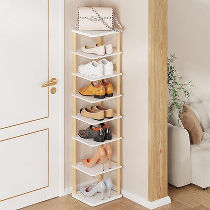 LUCKNOCK Vertical Shoe Rack, 8-Tier Tall Narrow Shoe Organizer for Entryway, Closet, Dorm & Small Spaces, Freestanding Wooden Shoe Shelf Tower for Boots, Sneakers, Heels. (White)