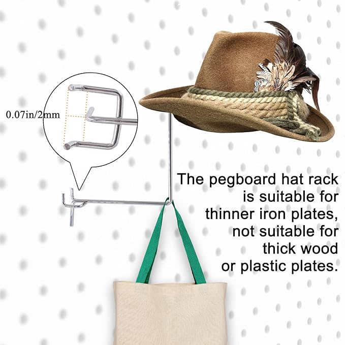 Cuyacili 6PCS Pegboard Hat Holder Hanger Helmet Rack Wall Mount Holder for Pegboard Wall Organizer Hat Home Storage Rack Hat Organizer for Shop Office Yard Gardens Wall Display Hats Ball Bag