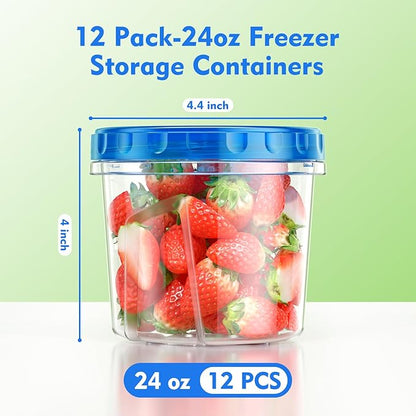 BiuLeon 12 Pack-24oz Freezer Storage Containers, Plastic Food Storage Containers with Twist Top Lids, BPA Free and Reusable Soup Containers with Lids, Leakproof/Microwave/Dishwasher Safe