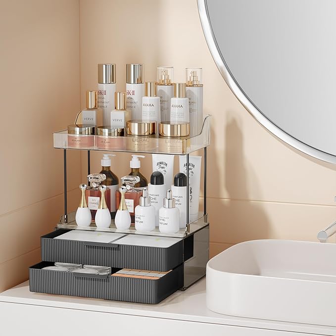 Bathroom Countertop Organizer with 2-Drawer, Large 3 Tier Makeup Organizer for Vanity, Multi-Purpose Makeup Skin Care Organizer for Vanity, Black