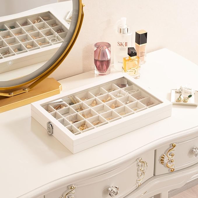 Lolalet Hanging Jewelry Organizer Bundle with 35 Grids Velvet Earring Organizer with Lid