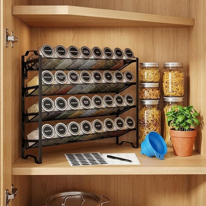 Simple Trending Spice Rack Organizer with 32 Empty Spice Jars, 64 Spice Labels, Chalk Marker and Funnel Set for Cabinet, Countertop, Kitchen, Pantry or Wall Mount, Black