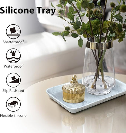 Countertop Vanity Tray, Bathroom Silicone Shatterproof Tray, Soap and Sponge Holder for Kitchen Sink Toilet Tank Tray, Bathroom Trays for Counter, Perfume Candle Key Valet - Marble