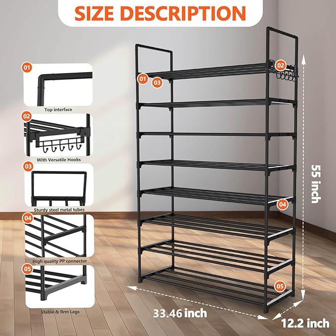 Hsscblet 8 Tiers Metal Shoe Rack,Adjustable Shoe Shelf Storage Organizer with Hooks,Stackable Boot & Shoe Storage,for Entryway,Hallway,Closet,Black
