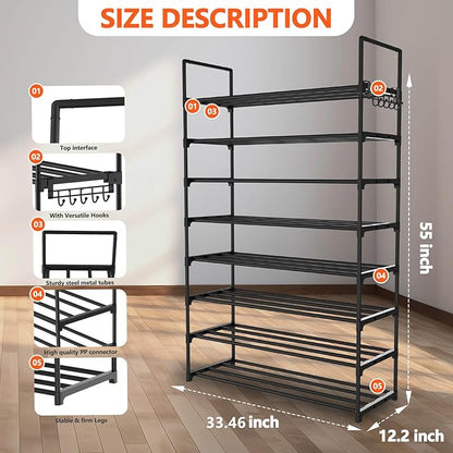 Hsscblet 8 Tiers Metal Shoe Rack,Adjustable Shoe Shelf Storage Organizer with Hooks,Stackable Boot & Shoe Storage,for Entryway,Hallway,Closet,Black