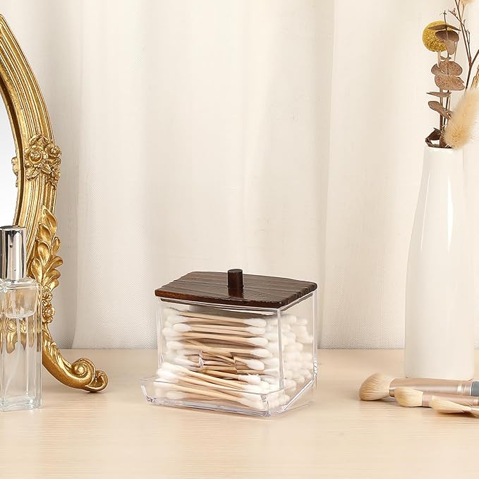 Hipiwe Clear Acrylic Qtip Holder Apothecary Jar with Wood Lid Cotton Ball and Swab Organizer Bathroom Accessories Canister Paperclip Organizer for Cotton Round Pads, Floss Picks