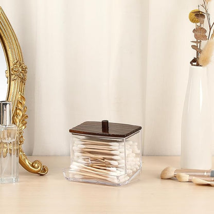Hipiwe Clear Acrylic Qtip Holder Apothecary Jar with Wood Lid Cotton Ball and Swab Organizer Bathroom Accessories Canister Paperclip Organizer for Cotton Round Pads, Floss Picks