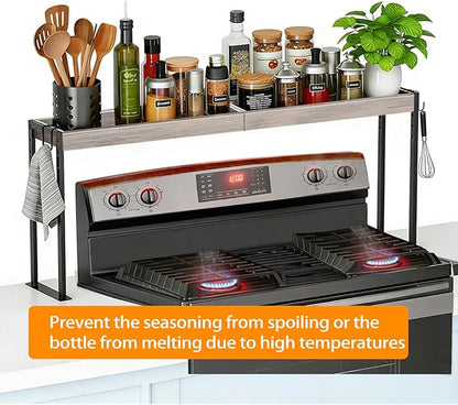 Spice Rack Shelf for Kitchen Stove, Over The Stove Shelf with 4 Level Adjustable Height, Over Stove Spice Rack with 4 Hooks, Grey + Black