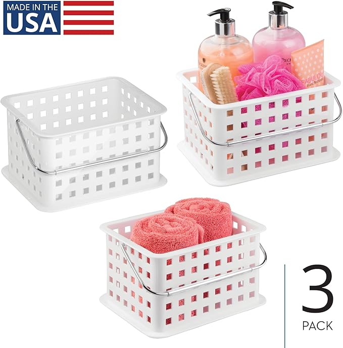 iDesign Shower Caddy Basket with Handle for Bathroom or Dorm - Set of 3 - White - Made in USA