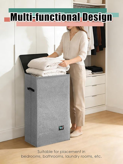 WTREE Laundry Hamper with Lid, Reinforced Sturdy Clothes Hamper with Anti-Puncture Base, Large Collapsible Laundry Basket with Removable Liner Bag, Tall Dirty Clothes Bin for Family, 100L Grey