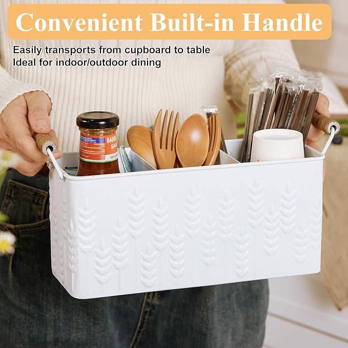 Silverware Caddy for Party Kitchen Flatware Holder for Countertop Metal White Ear of Wheat Pattern Embossed Cutlery Organizer with 3 Compartments for Utensils, Spoons, Knives, Forks