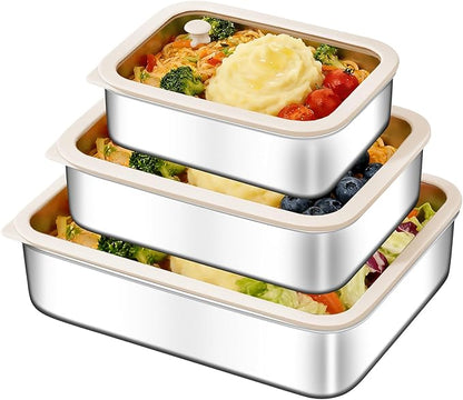 GIUOIDUO 3-Piece Extra Thick 304 Stainless Steel Food Storage Containers with Non-Stick Bottom, Airtight Glass Lids & Silicone Seal, Stackable Kitchen Organization Boxes for Food Preservation