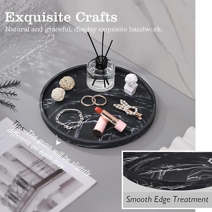 Emibele Vanity Tray, Resin Round Tray Decorative Storage Organizer for Bathroom Toilet Tank Bedroom Kitchen Countertop, Jewelry Storage Dresser Tray for Candle,Lotion Bottle,Cosmetics, Matte Ink Black