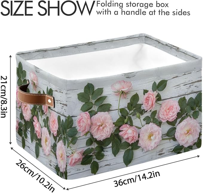 Large Storage Basket Pink Rose Storage Bin Cube Canvas Fabric Organizer Handles Collapsible for Clothes Toys Bedroom Decorative