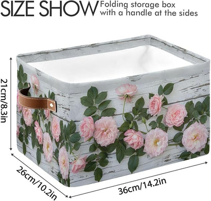 Large Storage Basket Pink Rose Storage Bin Cube Canvas Fabric Organizer Handles Collapsible for Clothes Toys Bedroom Decorative