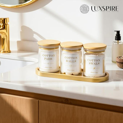 Luxspire Glass Qtip Holder with Vanity Tray, 3 Pack Cotton Swab Holder with Bamboo Lid, 13.4 oz Glass Apothecary Jars Bathroom Accessories Canisters for Cotton Swabs, Balls, Pads, Floss Picks