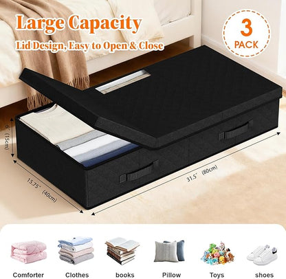 StoreHappily Under Bed Storage Containers with Lids - 3 Pack, Foldable and Stackable Clothes Storage Bags with Clear Window, 3-Sided Handles and Label Slot for Clothing, Blankets, Pillows (Black)