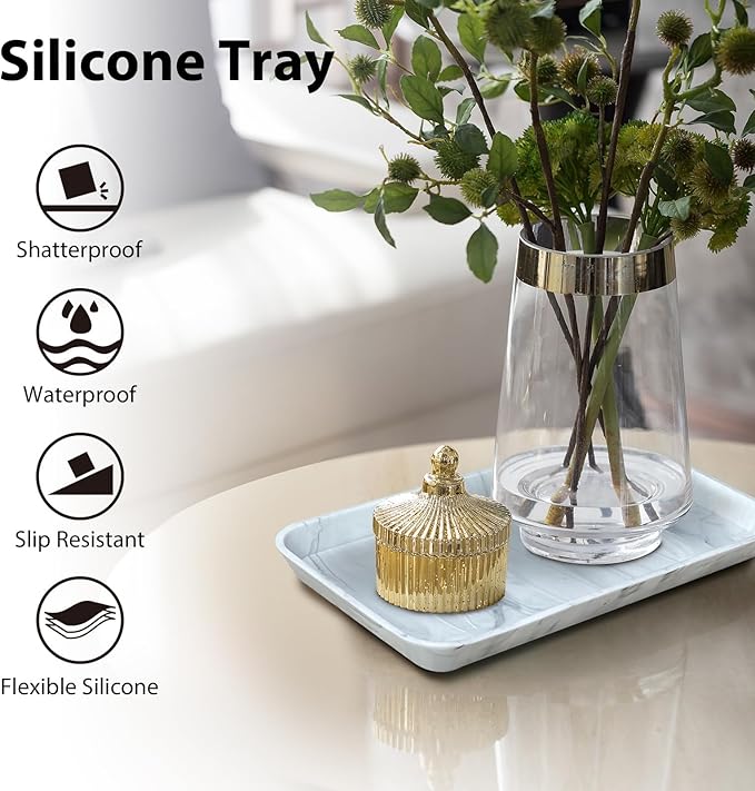 2 Pcs Countertop Vanity Tray, Bathroom Silicone Shatterproof Tray, Soap and Sponge Holder for Kitchen Sink Toilet Tank, Bathroom Holders for Counter, Perfume Candle Key Valet - Marble