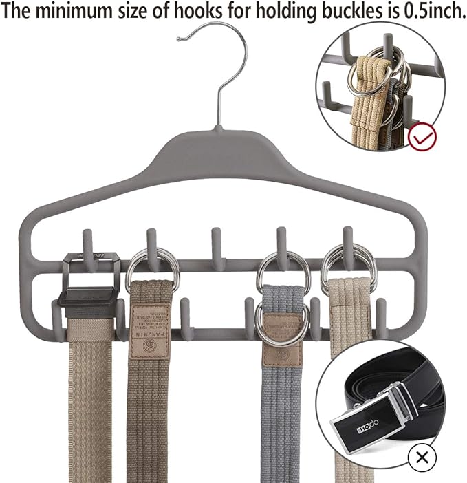 Belt Hanger Rack Holder for Closet, Sturdy Belt Organizer with 360 Degree Swivel, 11 Large Sturdy Belt Hooks, Non Slip Rubberized Belt Storage, Grey