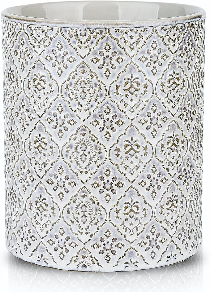 KOOV Kitchen Utensil Holder, Large Utensil Holders for Countertop, 6 x 7 Inches Ceramic Utensil Crock, Deep and Stable, Cooking Utensil Holder, Embossed Pattern, White