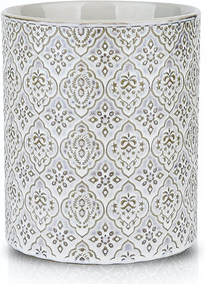KOOV Kitchen Utensil Holder, Large Utensil Holders for Countertop, 6 x 7 Inches Ceramic Utensil Crock, Deep and Stable, Cooking Utensil Holder, Embossed Pattern, White