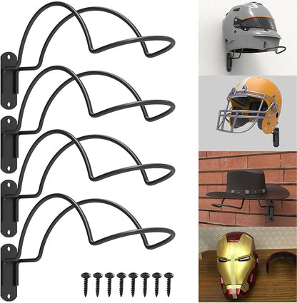 Yuleimy 4-Pack Helmet Holder Wall Mount, Heavy Duty Metal Display Rack for Motorcycle, Equestrian, Baseball & Football Helmets, Multi-Purpose Storage Hanger Hook, Black