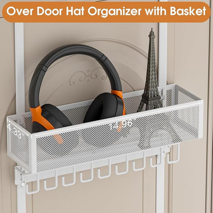 3 Tier Over Door Hat Rack with Basket,Hat Organizer for Baseball Cap with 18 Hooks and 10 Movable Clips,Hat Hanger Storage Holds up to 30+ Caps for Door, Bedroom, Closet (White)