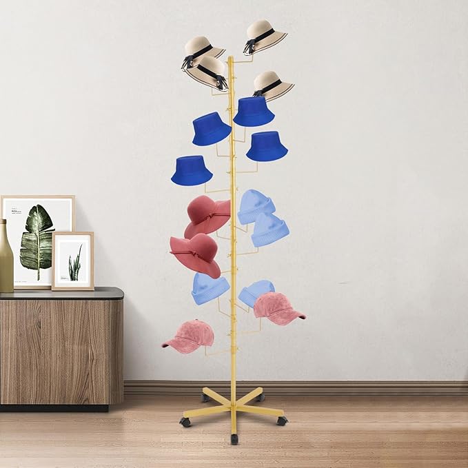 Freestanding Hat Rack - Hat Display Rack - Modern Large Freestanding Hat Rack Stand - Hat Display Stand for Cloakrooms, Entrances, Bedrooms, Clothing Stores, Trade Exhibitions (Gold)