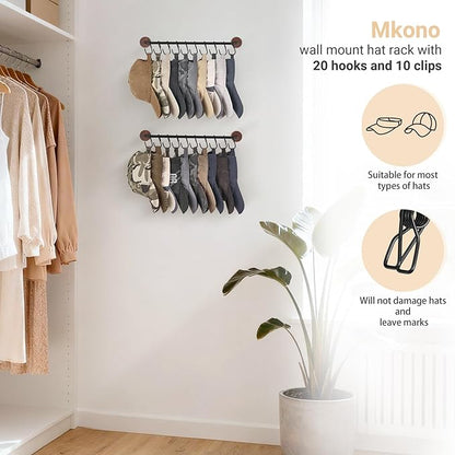Mkono Hat Rack for Wall Hat Organizer for Baseball Caps Hanger with 20 Hooks Modern Metal Hat Holder Wall-Mounted Ball Caps Display for Closet Door Bedroom Entryroom Laundry, Set of 2