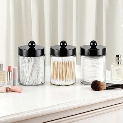 3PC Farmhouse Decor Qtip Holder Apothecary Jars Bathroom Vanity Storage Organizer -Countertop Canister Container &Cute Stickers for Cotton Swab, Ball,Pad,Floss,Paper Clips (Black)