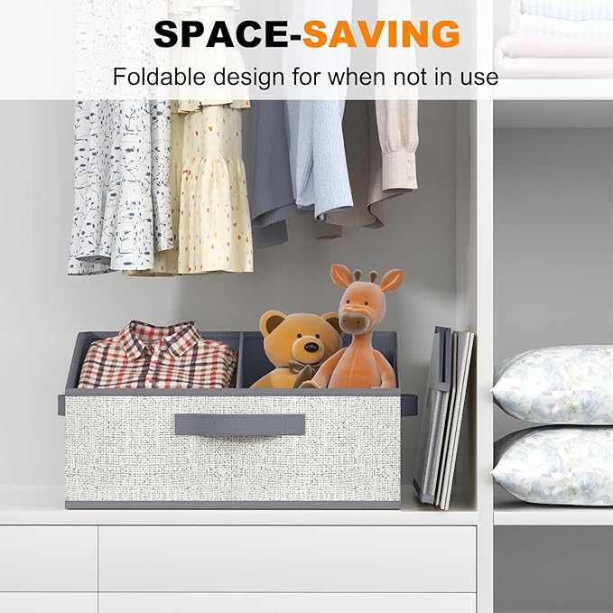 Closet Storage Bins 6 Pack, Large Closet Organizer Baskets with Divider & Handles,Trapezoid Fabric Shelf Organizers, Collapsible Storage Cubes for Clothes, Towels, Toys-Gray