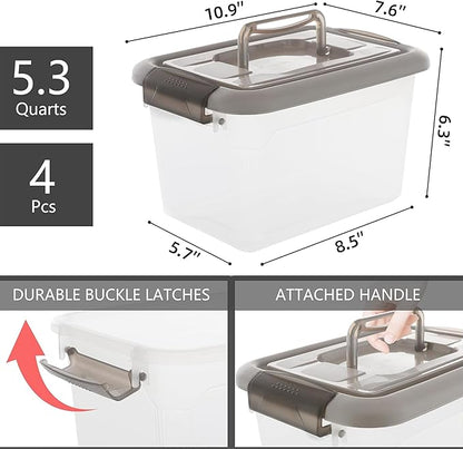 Citylife 4 Packs 6 QT Plastic Storage Bins with Latching Lids Stackable Storage Containers for Organizing Clear Storage Box for Garage, Closet, Kitchen