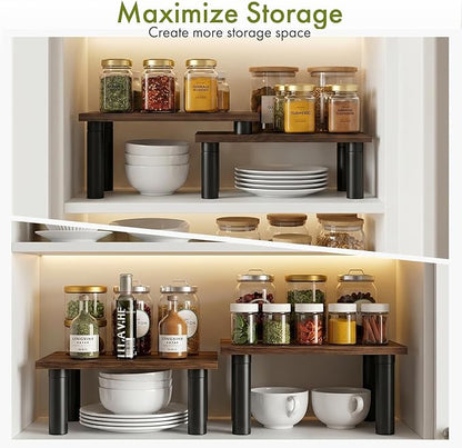 Cabinet Organizer Shelf, 2 Tier Countertop Spice Rack for Kitchen Counter, Seasoning Organizer with Wood-Grain Shelves, Kitchen Countertop Organizer for Spices, Sauces and Small Items (2 Pcs, Brown)