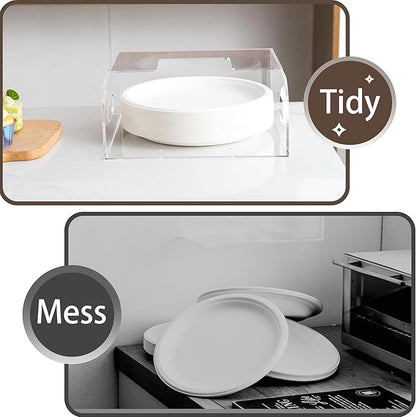 Acrylic Paper Plate Dispenser Wall Mounted, Paper Plate Organizer in Cabinet, Disposable Plate Storage Holder for Kitchen Countertop or Outdoor Picnics Party, Provide Adhesive Strip & Mounting Screws