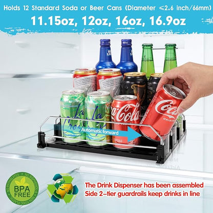 Rolling Soda Can Organizer and Automatic Soda Can Organizer for Refrigerator for Beer Soda Seltzer Drink Pop Cans Holder Storage Pantry Organization