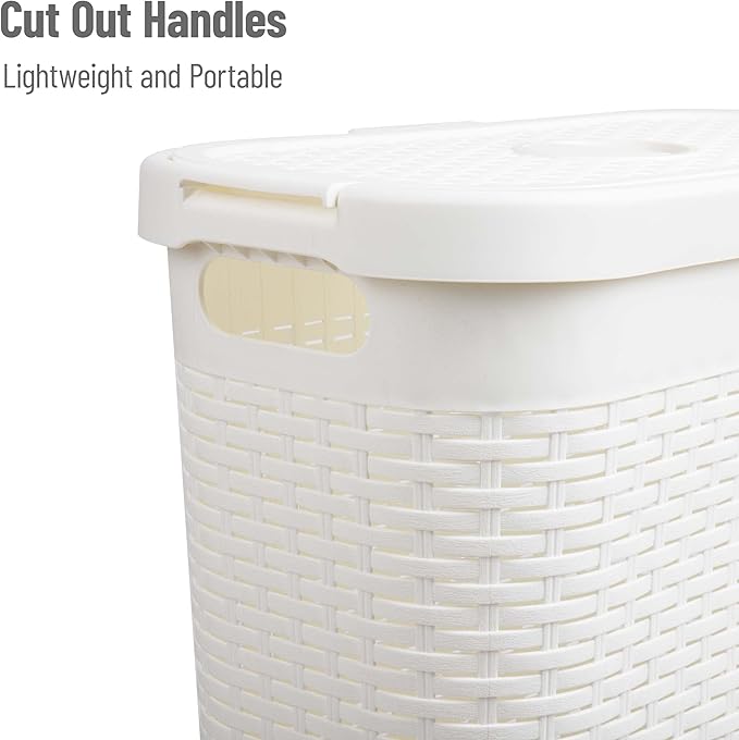 Mind Reader Slim Laundry Hamper with Lid, 40L Clothes Basket, Narrow Tapered Design with Ventilated Cutout Pattern, Plastic, Set of 2, White