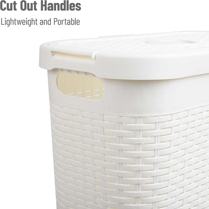 Mind Reader Slim Laundry Hamper with Lid, 40L Clothes Basket, Narrow Tapered Design with Ventilated Cutout Pattern, Plastic, Set of 2, White