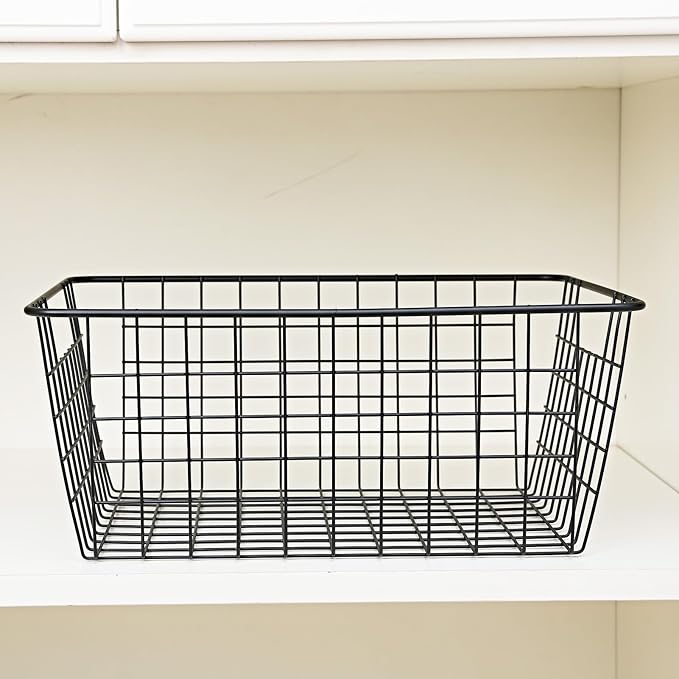 Brightalk 14" Upright Freezer Storage Baskets, Black Wire Storage Bins Large Bakset for Freezer, Pantry, Bathroom Organizing, Set of 4
