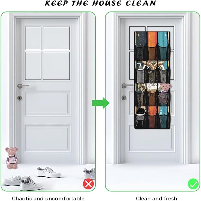 Owl Over Door Organizer Clear Deep Pockets Closet Door Hanging Shoe Rack Organizer Machine Washable Hanging Storage Bag for Garage Laundry Bathroom Kitchen
