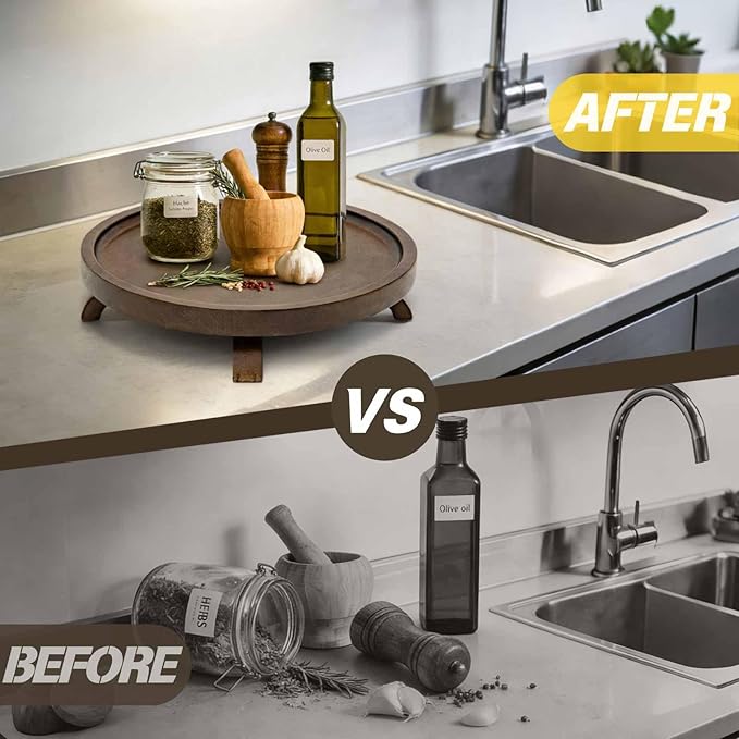 12" Solid Wood Lazy Susan Turntable Organizer for Cabinet, Pantry, Kitchen Countertop - Farmhouse Style with Raised Feet & Water-Resistant Coating, Rustic Bathroom Vanity Tray and Dining Table Decor